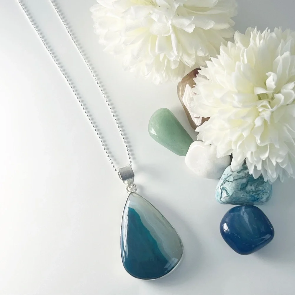 Teal Lace Onyx Gemstone Pendant Necklace Sterling Silver 925 Pear Cut New - Picture 10 of 10